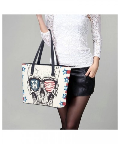 Womens Handbag American Flag Skull Leather Tote Bag Top Handle Satchel Bags For Lady $18.89 Totes