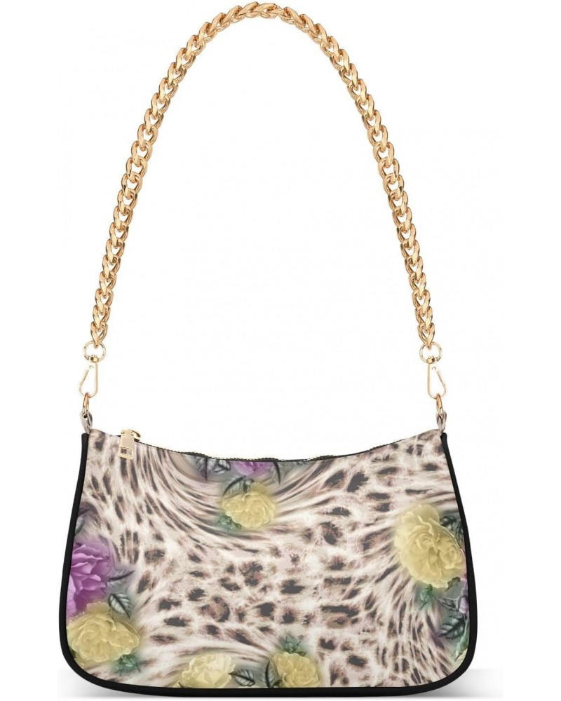 Women Chain Shoulder Purse Bag With Zipper Leopard Flowers Spring Print, Unique Floral Hobo Tote Clutch Handbags with Chain S...