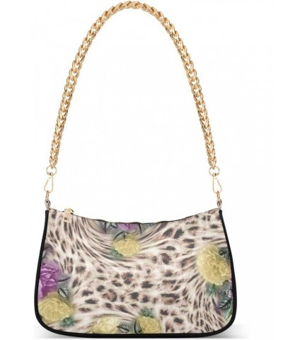 Women Chain Shoulder Purse Bag With Zipper Leopard Flowers Spring Print, Unique Floral Hobo Tote Clutch Handbags with Chain S...