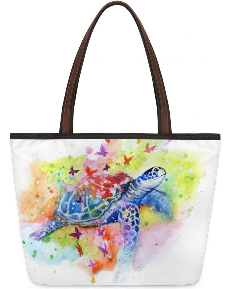 Watercolor Sea Turtle Butterfly Large Tote Bag For Women Shoulder Handbags with Zippper Top Handle Satchel Bags for Shopping ...