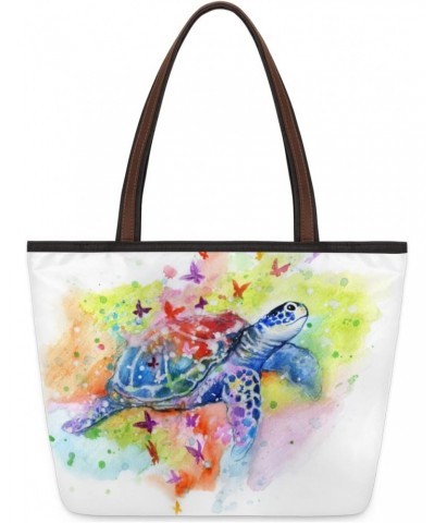 Watercolor Sea Turtle Butterfly Large Tote Bag For Women Shoulder Handbags with Zippper Top Handle Satchel Bags for Shopping ...