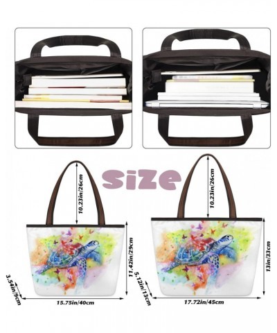 Watercolor Sea Turtle Butterfly Large Tote Bag For Women Shoulder Handbags with Zippper Top Handle Satchel Bags for Shopping ...