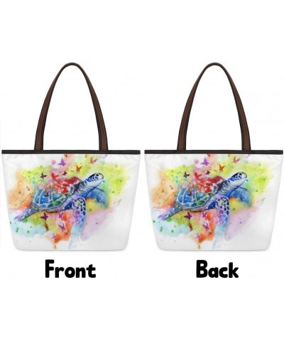 Watercolor Sea Turtle Butterfly Large Tote Bag For Women Shoulder Handbags with Zippper Top Handle Satchel Bags for Shopping ...