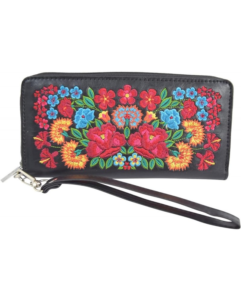 Beautiful Floral Arrangement Embroidered Large Wristlet Ziparound wallet (Green) Black $24.76 Wristlets