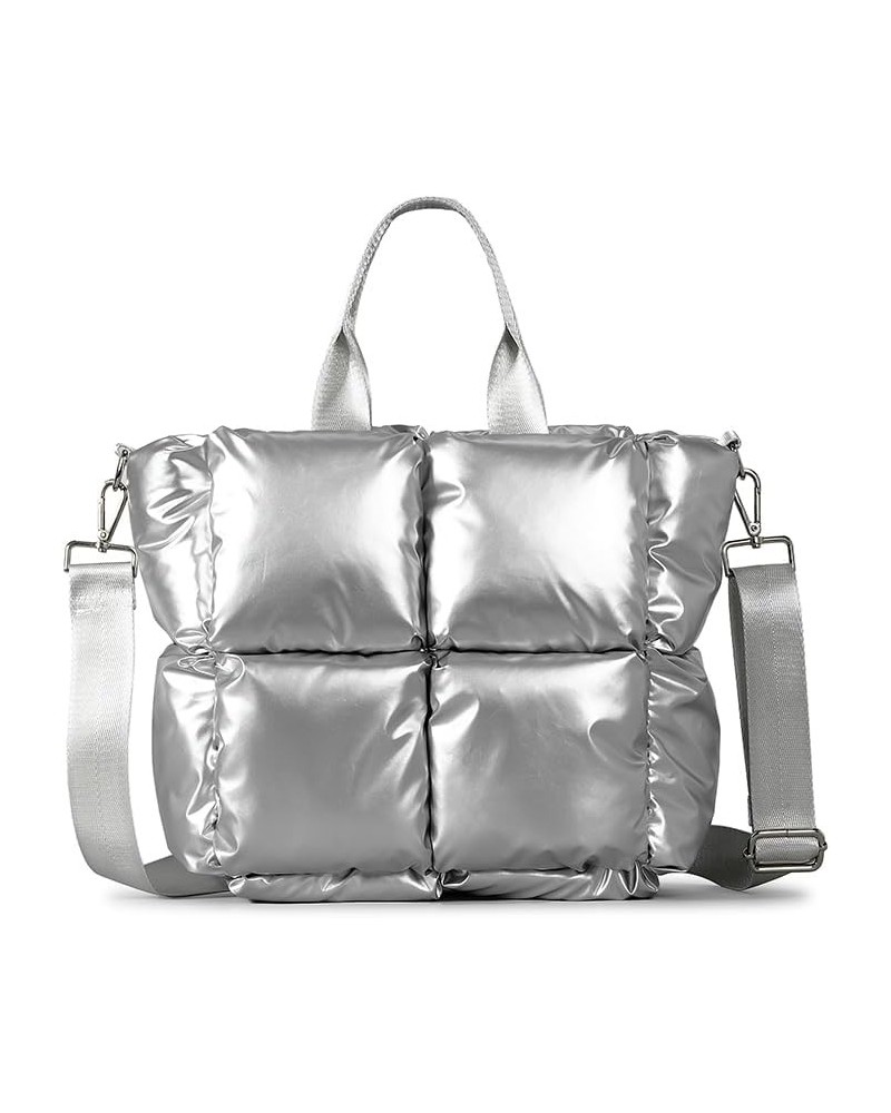 Women Quilted Tote Lightweight Padded Shoulder Bag Versatile Soft Satchel Bag Puffy Crossbody Bag Winter Dating Bag Silver $3...