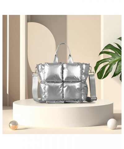 Women Quilted Tote Lightweight Padded Shoulder Bag Versatile Soft Satchel Bag Puffy Crossbody Bag Winter Dating Bag Silver $3...