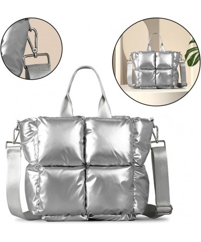 Women Quilted Tote Lightweight Padded Shoulder Bag Versatile Soft Satchel Bag Puffy Crossbody Bag Winter Dating Bag Silver $3...