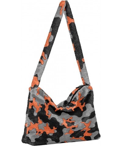 Camouflage Black Orange Shoulder Tote Bags for Women Furry Crossbody bag Hobo Handbag Purses for Traveling Working Shopping $...