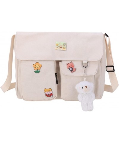 Japanese Women Handbag Large-capacity Harajuku Satchels Canvas Kawaii Badge Pendants Flap Pocket School Bookbag White Bear Pe...