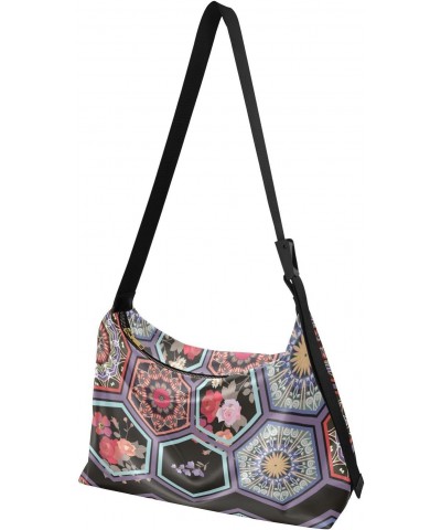 Crossbody Purse Shoulder Bag for Women-Mandala Hexagonal Print, Large Capacity Leather Handbags Zipper Closure with Fabric St...