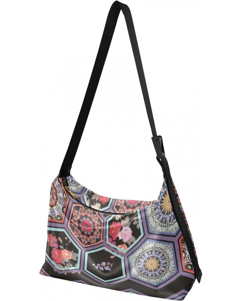 Crossbody Purse Shoulder Bag for Women-Mandala Hexagonal Print, Large Capacity Leather Handbags Zipper Closure with Fabric St...