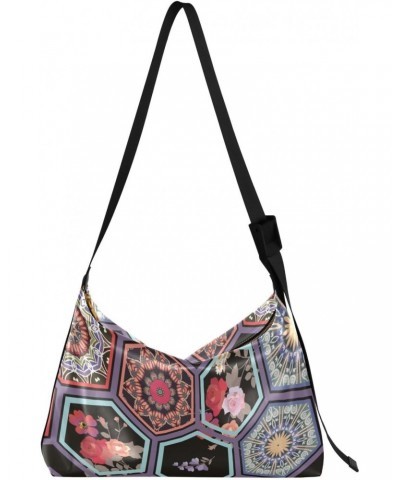 Crossbody Purse Shoulder Bag for Women-Mandala Hexagonal Print, Large Capacity Leather Handbags Zipper Closure with Fabric St...