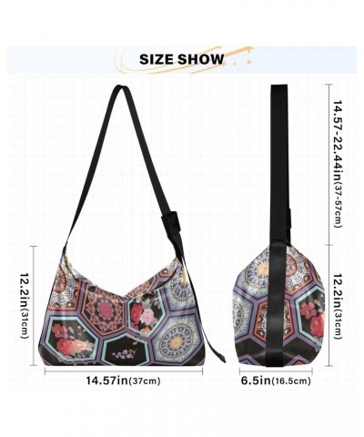 Crossbody Purse Shoulder Bag for Women-Mandala Hexagonal Print, Large Capacity Leather Handbags Zipper Closure with Fabric St...