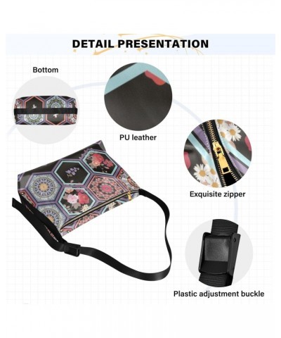 Crossbody Purse Shoulder Bag for Women-Mandala Hexagonal Print, Large Capacity Leather Handbags Zipper Closure with Fabric St...