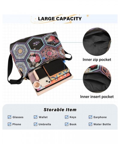 Crossbody Purse Shoulder Bag for Women-Mandala Hexagonal Print, Large Capacity Leather Handbags Zipper Closure with Fabric St...