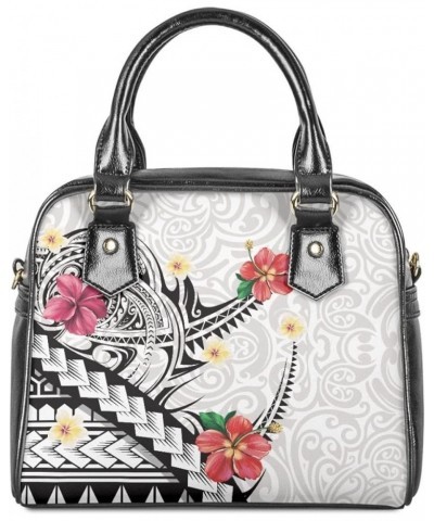 Women's Polynesian Flower 3D Printed PU Leather Zip Top Handle Satchel Handbags Saddle Crossbody Bag Purses White Polynesian ...