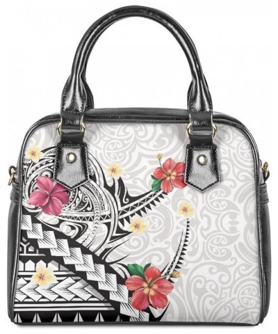 Women's Polynesian Flower 3D Printed PU Leather Zip Top Handle Satchel Handbags Saddle Crossbody Bag Purses White Polynesian ...