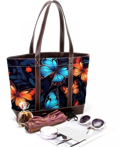 Butterfly Canvas Leather Mix Handbag - 13.3x4.7x12.2 in - Stylish and Spacious Tote Bag for Women $28.79 Totes