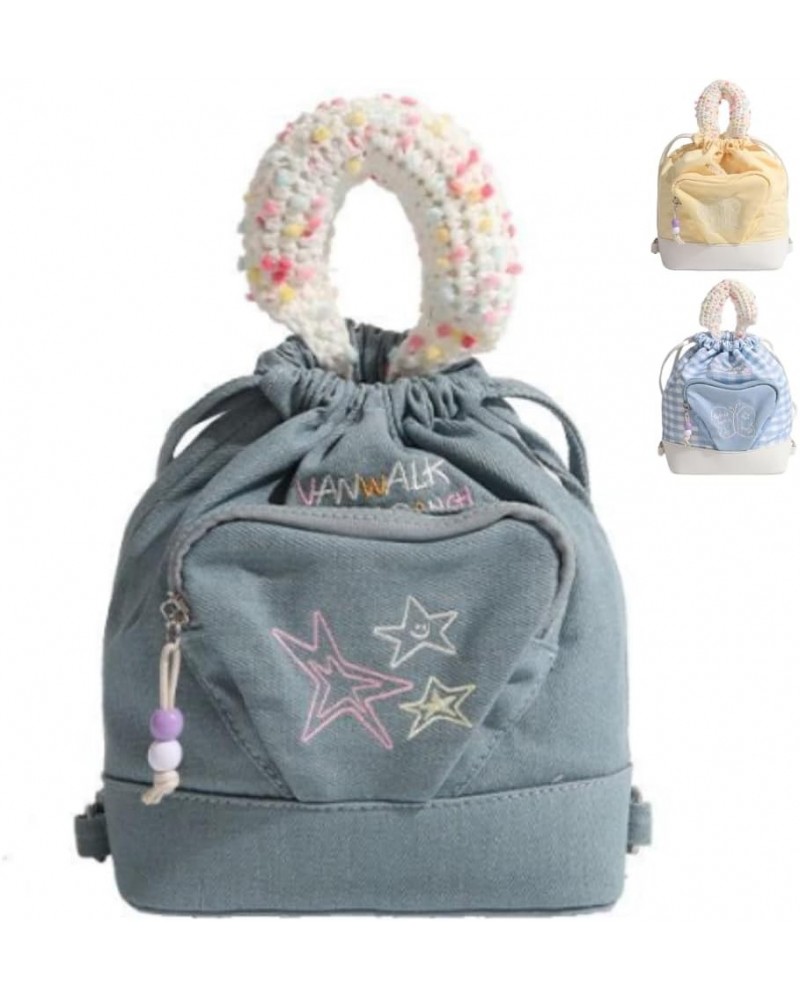 Y2k Backpack Vintage Drawstring Bucket Bag Kawaii Heart Cute Aesthetic Spicy Harajuku Bag (Denim Blue) Denim Blue $16.51 Back...