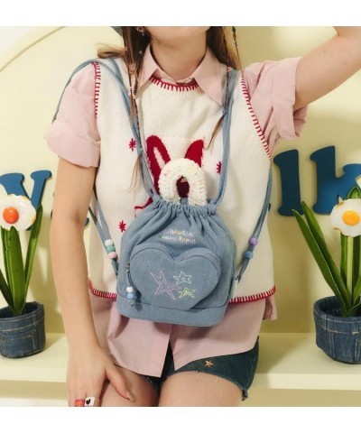 Y2k Backpack Vintage Drawstring Bucket Bag Kawaii Heart Cute Aesthetic Spicy Harajuku Bag (Denim Blue) Denim Blue $16.51 Back...