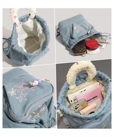 Y2k Backpack Vintage Drawstring Bucket Bag Kawaii Heart Cute Aesthetic Spicy Harajuku Bag (Denim Blue) Denim Blue $16.51 Back...