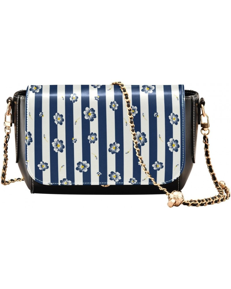 Blue Flower Stripes Black Crossbody Bags Women Mini Shoulder Bag with Adjustable Strap Mini Purse $20.90 Crossbody Bags