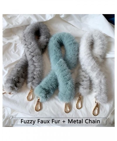 Women Fluffy Faux Fur Alloy Chain Shoulder Bag Strap Replacement Short Handbag Straps for Puffer Bags Underarm Bags Grey-gree...