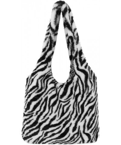 Plush Shoulder Handbag Cute Bear fluffy Tote Handbag Large faux Lamb Wool Shopping Bag 02-zebra $9.60 Totes