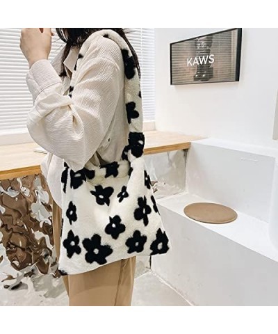 Women Girls Plush Shoulder Bag Fluffy Tote Bag Long Strap Tote Bag Large Handbag Purse Faux Fur Shopping Dating Bag Black-flo...