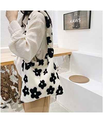 Women Girls Plush Shoulder Bag Fluffy Tote Bag Long Strap Tote Bag Large Handbag Purse Faux Fur Shopping Dating Bag Black-flo...