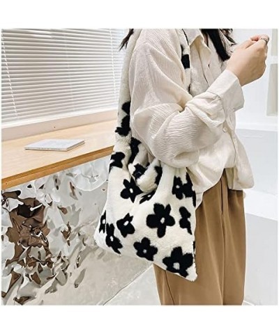 Women Girls Plush Shoulder Bag Fluffy Tote Bag Long Strap Tote Bag Large Handbag Purse Faux Fur Shopping Dating Bag Black-flo...