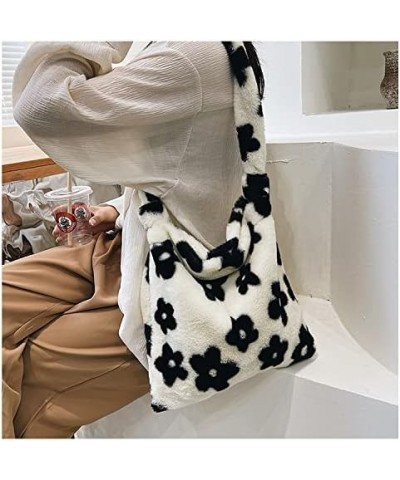 Women Girls Plush Shoulder Bag Fluffy Tote Bag Long Strap Tote Bag Large Handbag Purse Faux Fur Shopping Dating Bag Black-flo...