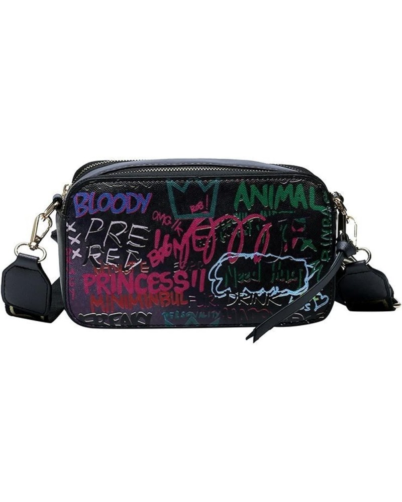 Graffiti Camera Bag Women Korean Fashion Ins Internet Celebrity Niche Design Wide Shoulder Strap Crossbody Bag Black $11.74 S...