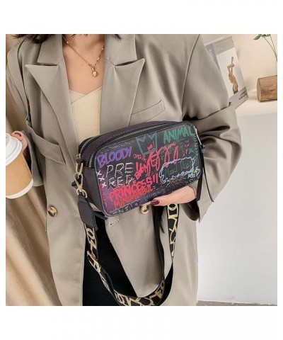 Graffiti Camera Bag Women Korean Fashion Ins Internet Celebrity Niche Design Wide Shoulder Strap Crossbody Bag Black $11.74 S...