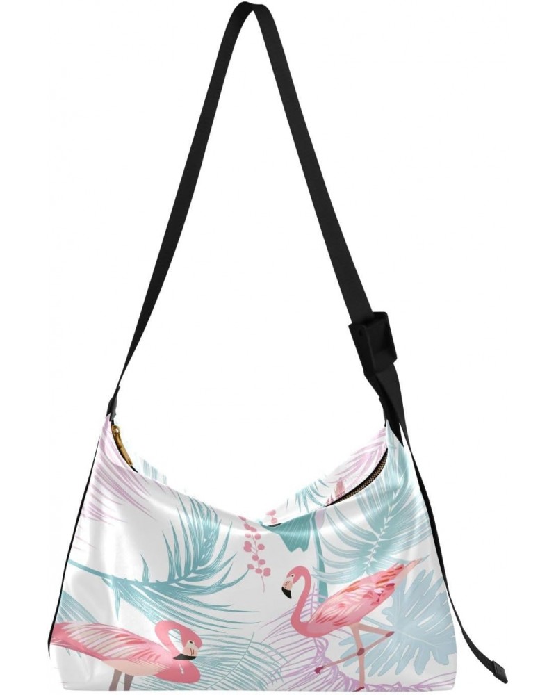 Flamingo Tropical Bird Green Palm Leaf Large Shoulder Bag, Hobo Bags for Women Men Soft PU Leather Crossbody Purse,FT1O009 $1...