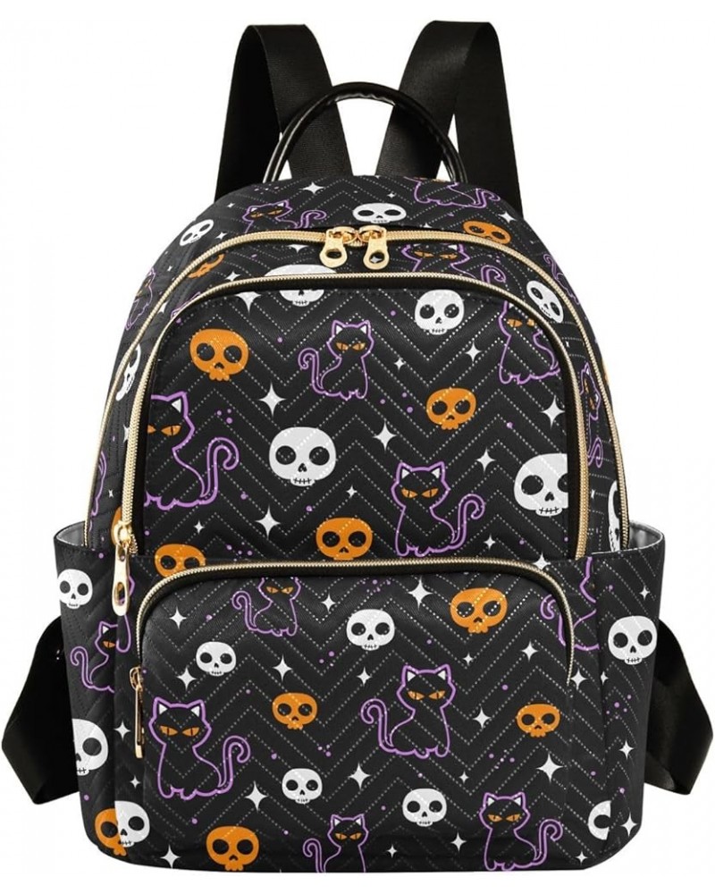 Halloween Colored Skulls and Black Cat Backpack Purse for Women Lightweight Back Pack Casual Daypack Travel Shoulder Bag Book...