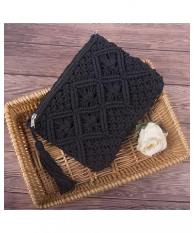 Women's Straw Clutch Purse Summer Beach Handbag Cotton Crochet Bohemian Purse Black $9.65 Clutches