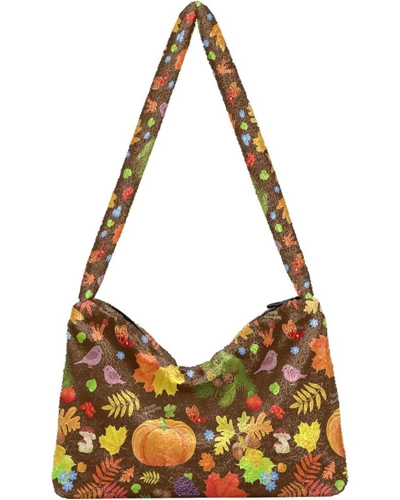 Simple Shoulder Bag Fluffy Handbag, Watercolor Hearts Valentine Women's Hobo Bag, Aesthetic Handbag Fall Thanksgiving Pumpkin...