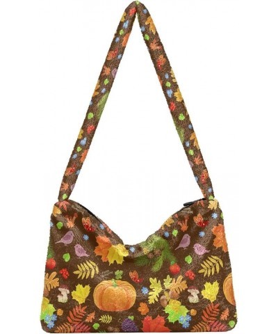 Simple Shoulder Bag Fluffy Handbag, Watercolor Hearts Valentine Women's Hobo Bag, Aesthetic Handbag Fall Thanksgiving Pumpkin...