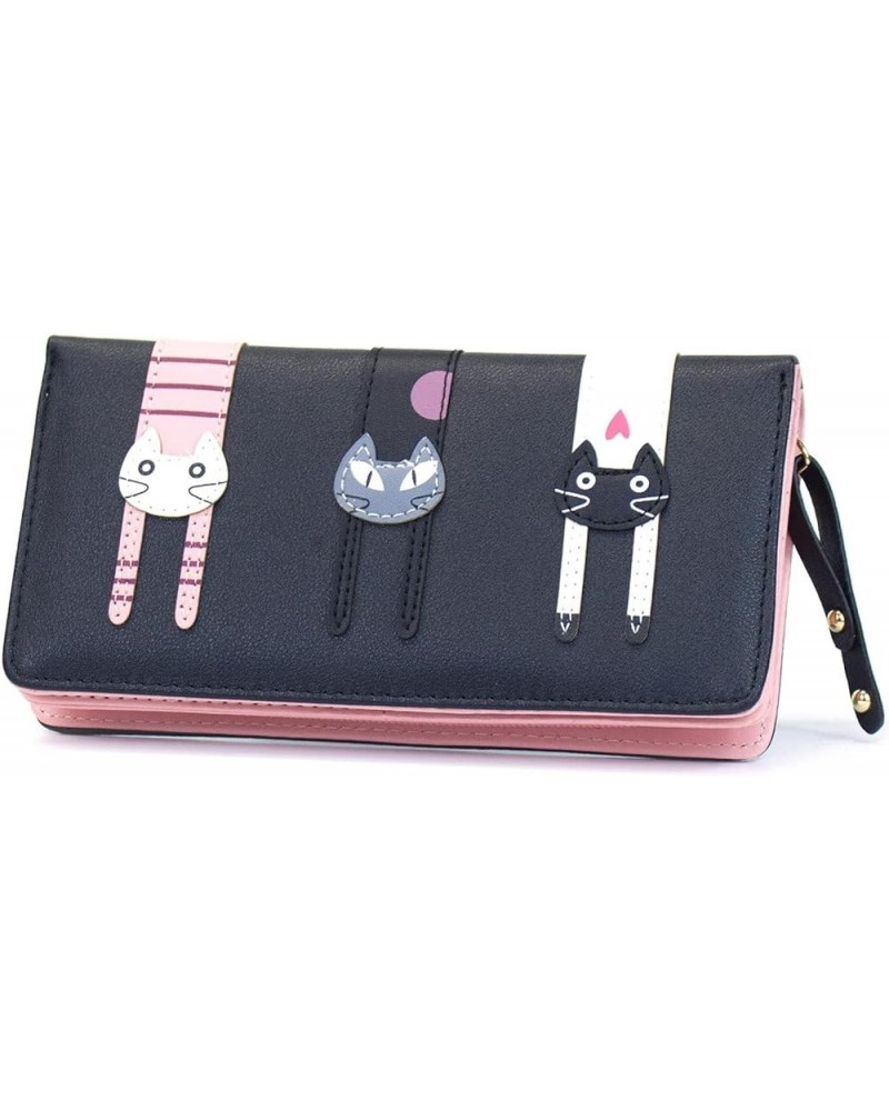 Mini Faux Leather Bifold Cute 3 Cat Zipper Clutch Wallet Handbag for Women Girls Long Black $10.59 Wallets