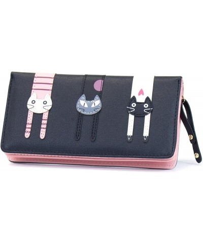 Mini Faux Leather Bifold Cute 3 Cat Zipper Clutch Wallet Handbag for Women Girls Long Black $10.59 Wallets