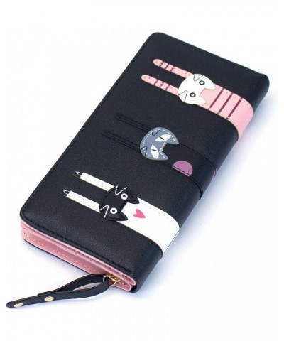 Mini Faux Leather Bifold Cute 3 Cat Zipper Clutch Wallet Handbag for Women Girls Long Black $10.59 Wallets