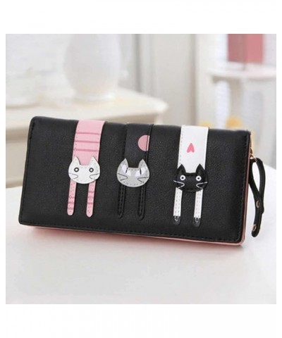 Mini Faux Leather Bifold Cute 3 Cat Zipper Clutch Wallet Handbag for Women Girls Long Black $10.59 Wallets