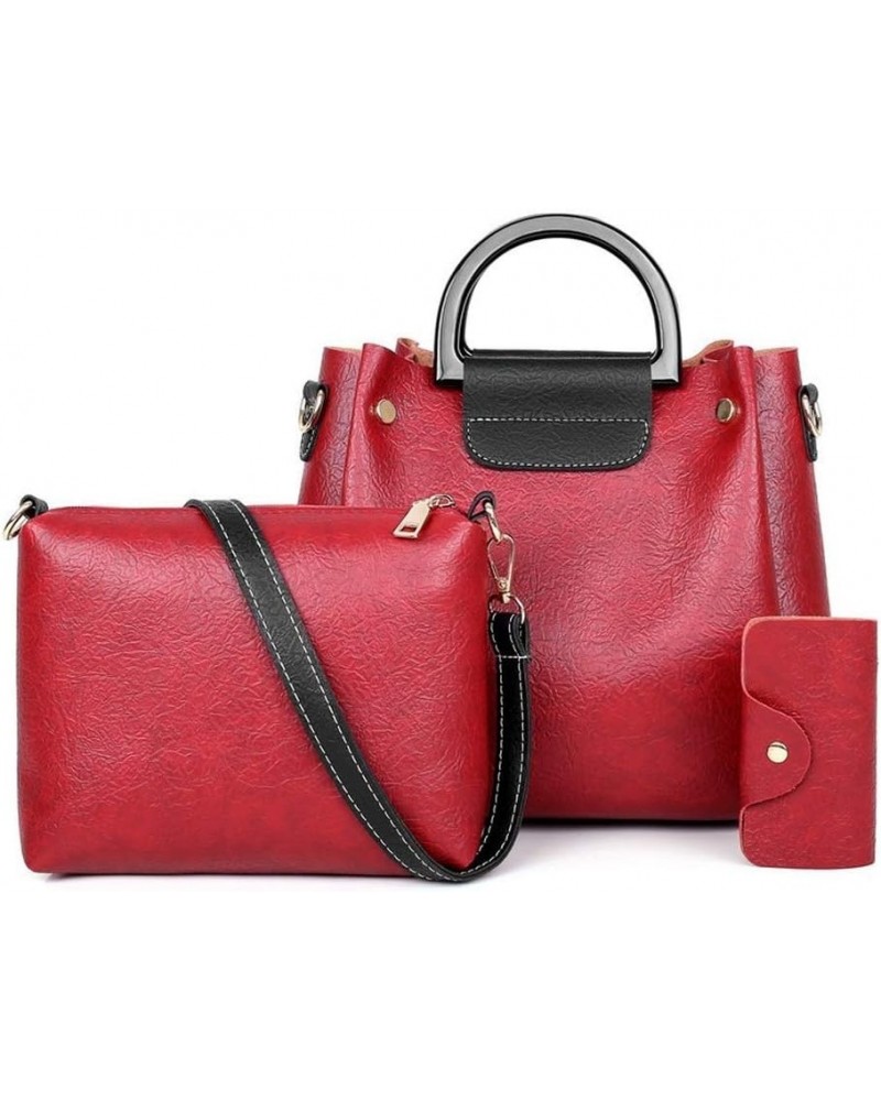 Women's Three-piece Set Package Iron Bracelet Leather Pattern One-shoulder Diagonal Bag Red $28.90 Handbags