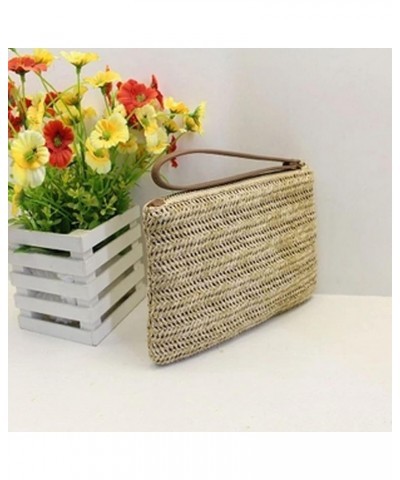 Natural Straw Boho Purse Zipper Wristlet Wallet Handwoven Beach Clutch Bag Off-white $9.55 Crossbody Bags