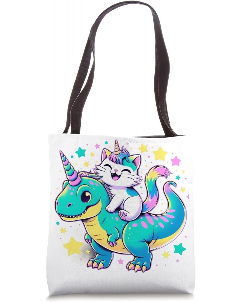 Cat Riding Dinosaur T-rex Unicorn Cat Rainbow Boys Girls Tote Bag $12.00 Totes