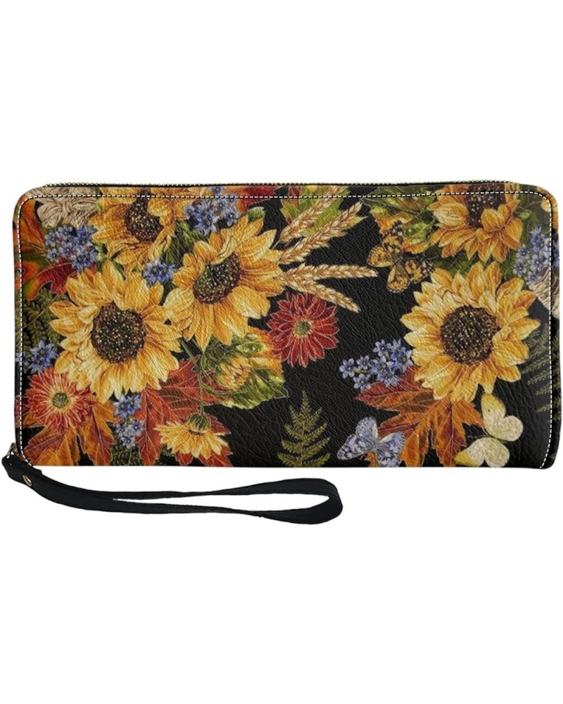 Classic Exquisite Floral Wallets for Women PU Leather Zipper Long Purse Clutch with 4 Slot and Sturdy Hand Strap Autumn Maple...