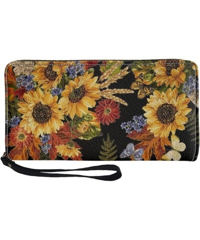 Classic Exquisite Floral Wallets for Women PU Leather Zipper Long Purse Clutch with 4 Slot and Sturdy Hand Strap Autumn Maple...