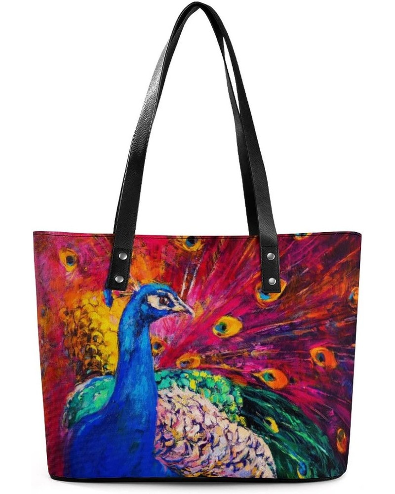 Womens Handbag Peacock And Feathers Red Leather Tote Bag Top Handle Satchel Bags For Lady $15.75 Totes