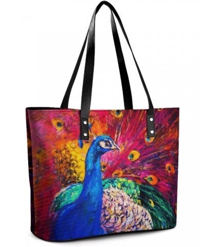 Womens Handbag Peacock And Feathers Red Leather Tote Bag Top Handle Satchel Bags For Lady $15.75 Totes